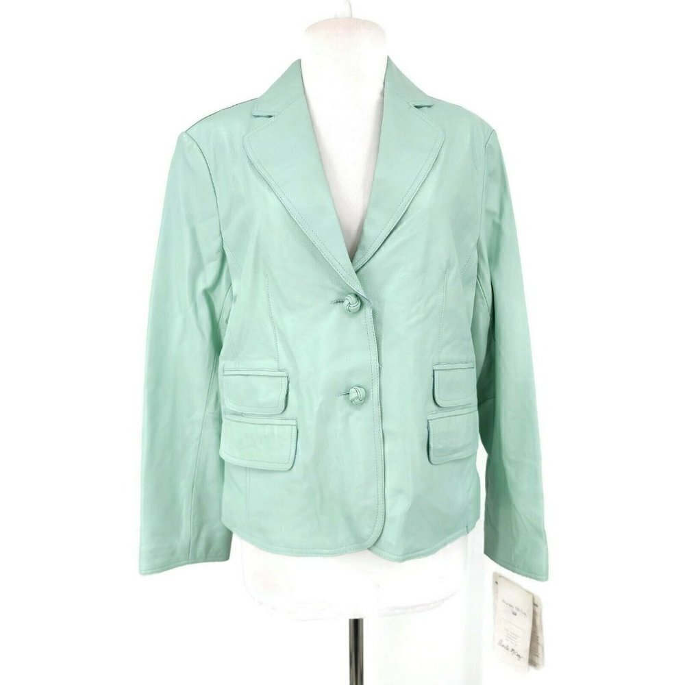 New Pamela McCoy Collections Aqua Leather Jacket Womens M Mint Green